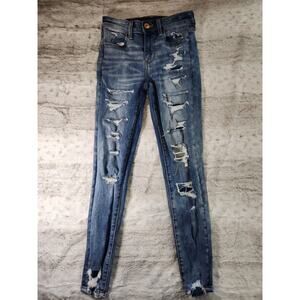 American Eagle Distressed Ripped Skinny Stretch Blue Denim Jeans Women's 2 Short